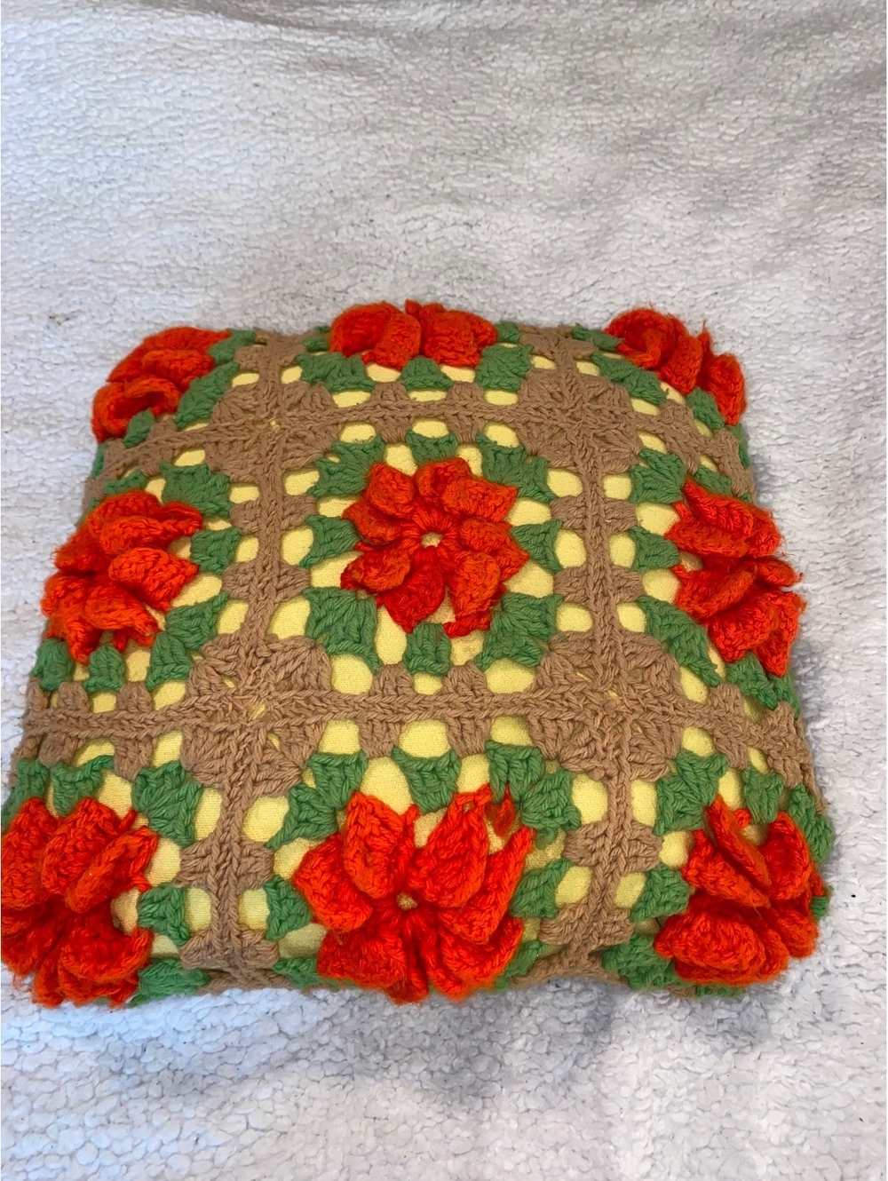 Handmade Crochet Floral Pillow 16x16 3D Flowers Granny Square Retro 70s Boho